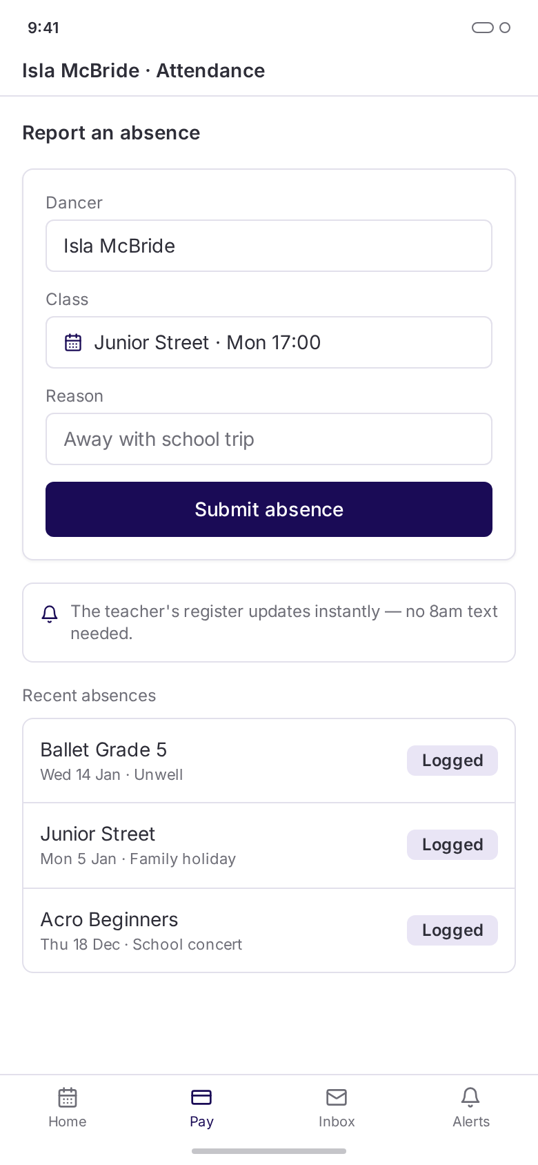 Parent reporting a planned absence from the parent portal