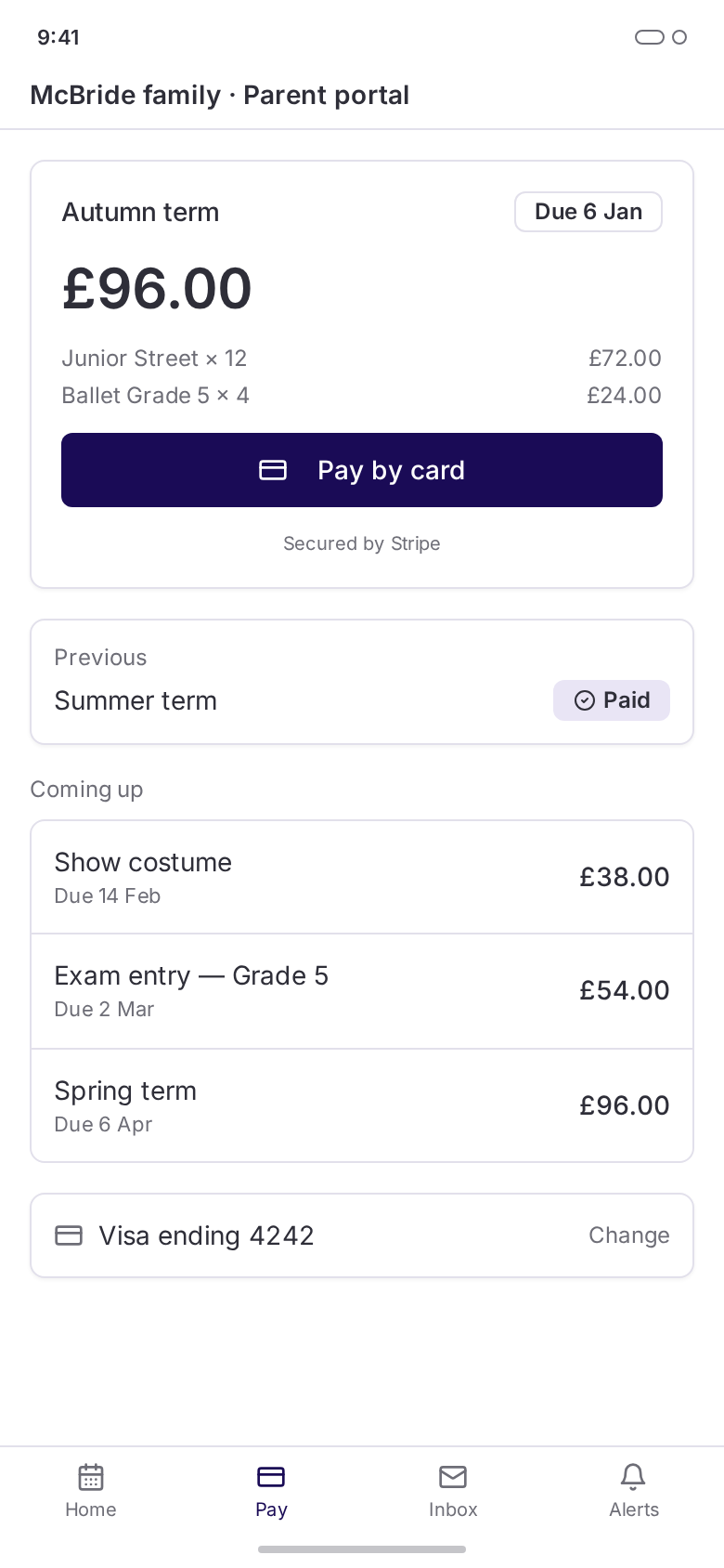 Parent portal invoice with card payment button on a mobile screen